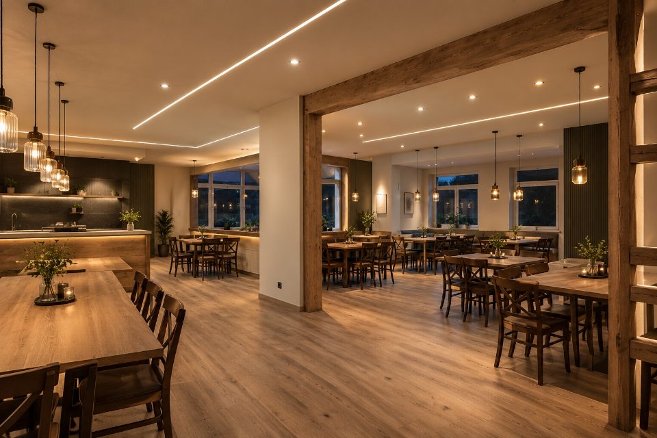 Gastraum am Abend mit Holztischen, Pendelleuchten über der Theke, Lichtlinien und Einbaustrahlern in der Decke, Holzbalken als Raumteiler.
