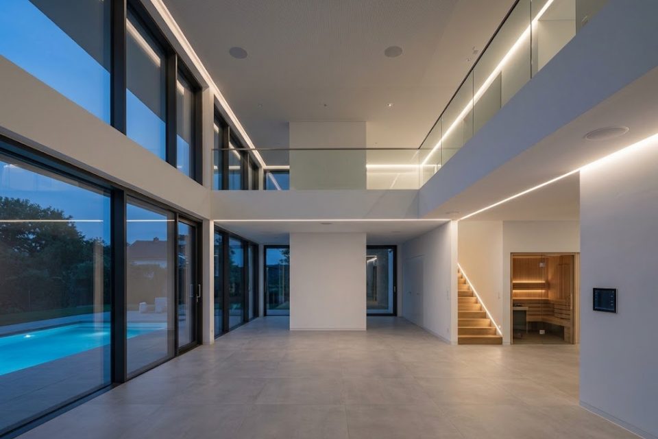 Wohnhalle über zwei Geschosse in der Abenddämmerung, Pool vor der Fensterfront, Lichtlinien, Deckenlautsprecher, Sauna und Wandpanel.